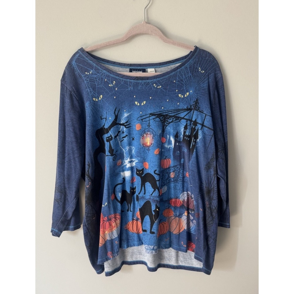 Vtg Y2K Allover Graphic Halloween 3/4 Sleeve Top Black Cat Studded Pumpkin 2XL - Picture 2 of 7